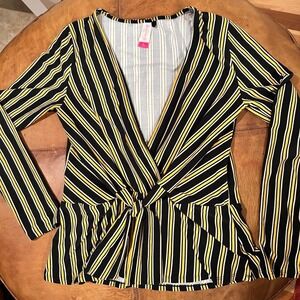 Y2K Womens M 7-9 Striped Wrap Tie Front Long‎ Sleeve Top Black Yellow